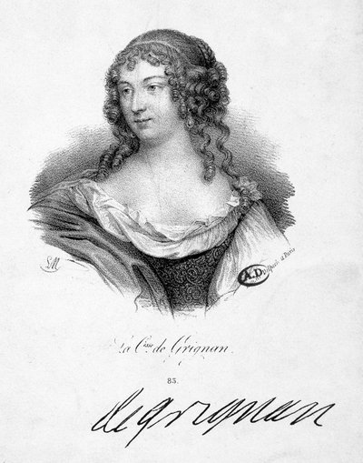 Francoise Marguerite de Sevigne, grevinne av Grignan (1648-1705), datter av Marie de Rabutin-Chantal (Rabutin Chantal), markis av Sevigne dit Madame de Sevigne (1626-1696) - gravering, n.d. av School French