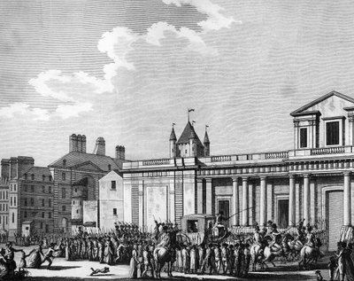 Fransk revolusjon: Overføring av kongefamilien (Louis XVI, Marie Antoinette, delfinen Louis Charles de France eller Louis XVII og Marie Therese kjent som "Madame Royale") til Temple-fengselet i Paris 13. august av School French