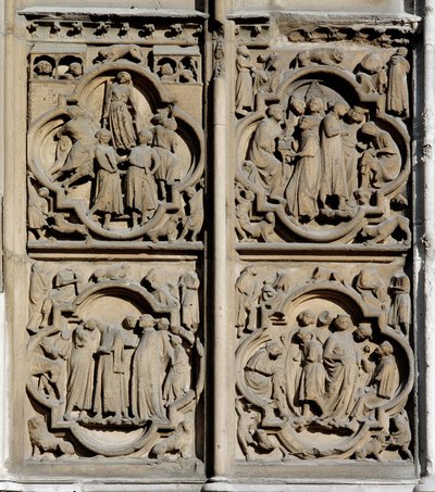 Gotisk kunst: undervisningsscener. Detalj av sørportalen til Cathedrale Notre Dame (Notre-Dame) i Paris av School French