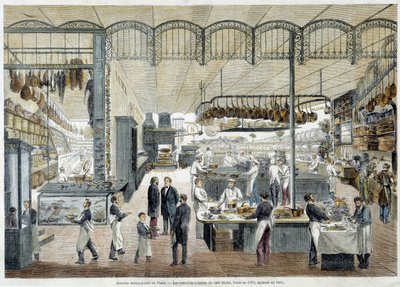 Flotte restauranter i Paris: de nye kjøkkenene til Café Riche, grunnlagt i 1785, utvidet i 1865. av School French