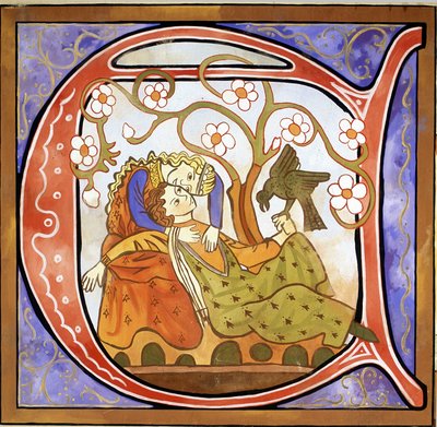 Inhabited Initial A som viser en trubadur (farge litho) av School French