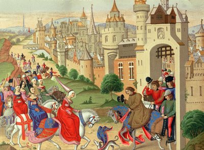 Isabella, dronning av England, blir ønsket velkommen ved portene til Paris av broren kong Charles IV av Frankrike, fra manuskriptet 
