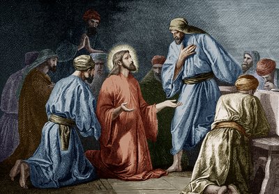 Jesus Kristus lærer bønn til Johannes (fargegravering) av School French