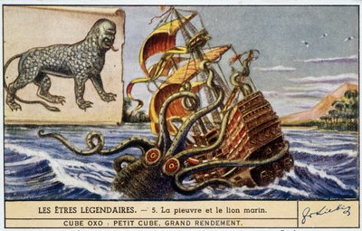 Legendariske vesener - blekksprut og sjøløve - chromo Liebig farge. av School French