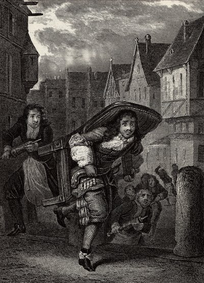 "" Monsieur de Pourceaugnac""" Gravering fra "" verk" av den engelske forfatteren Moliere - Scene fra stykket "" Monsieur de Pourceaugnac"" av Jean-Baptiste Poquelin dit Moliere (Jean Baptiste Poq av School French
