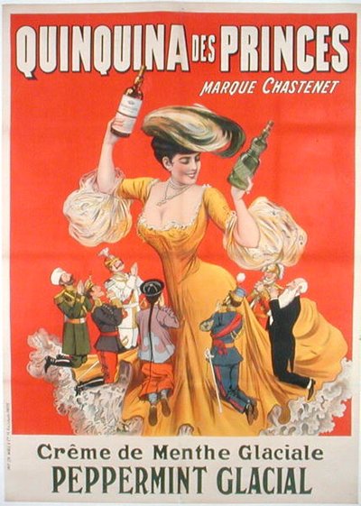Plakatannonsering «Quinquina des Princes» fransk creme de menthe (litho-farge) av School French