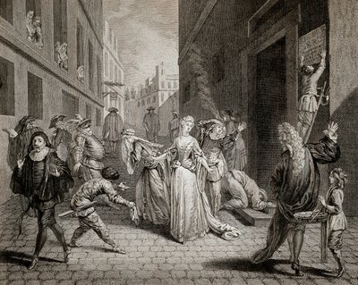 Terror (1793-1794): Italienske komikere (tolkende karakterer fra Commedia dell'arte) blir jaget ut av byen Paris etter sensurtiltakene til parisiske teatre. Gravering. Privat samling av School French