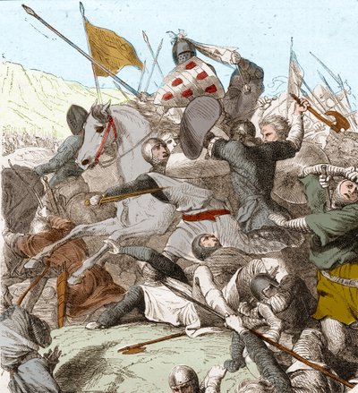 Slaget ved Hattin, 4. juli 1187 (farge litho) av School French