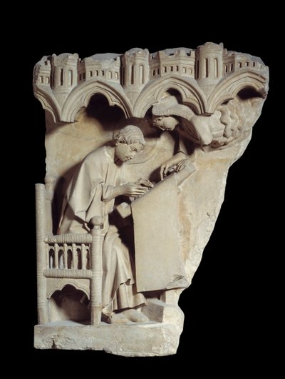 Evangelisten Saint Mathieu (Matthew), som er en forfatter under diktat av engelen Relieff av kalkstein fra jube av katedralen i Chartres. Paris, Louvre-museet av School French