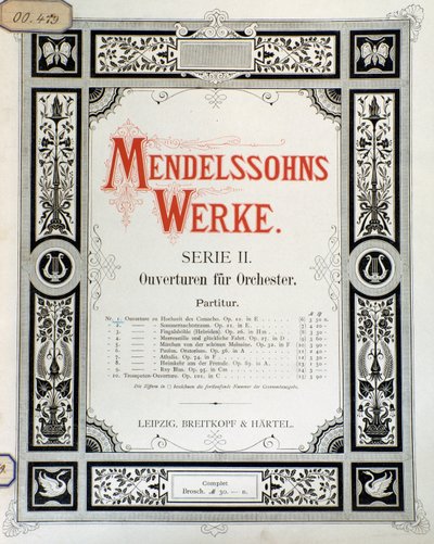 Omslag til partituret "Ouverture Op. 10 for orkester" av Felix Mendelssohn (farge litho) av School German
