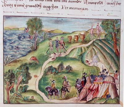 MS Add.15217 fol.40 Et venezuelansk landskap med en spansk leir, fra en samling memoarer fra Coeler-familien, Nürnberg av School German