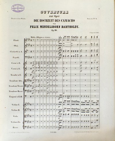 Partitur av "The Wedding of Camacho" av Felix Mendelssohn (litho) av School German