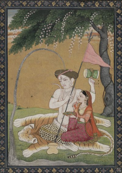 Shiva og Parvati på tigerskinn, ca. 1800 (akvarell med gull og sølv) av School Guler