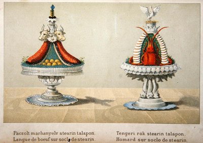 Design for presentasjon av oksetunge på en seng av stearin og for hummer, illustrasjon fra en ungarsk kokebok om fransk matlaging, ca. 1880 (farge litho) av School Hungarian