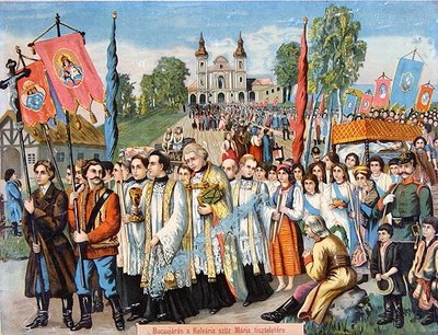 Pilegrimsreise til ære for Jomfru Maria (farge litho) av School Hungarian