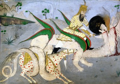 En ridende kriger som angriper en drage, illustrasjon fra en bok om indiske mystikere (blekk på papir montert på kort) av School Indian