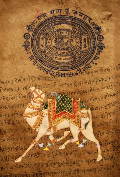 Kamel, håndlaget maleri og gammelt stempelpapir, Jaipur, Rajasthan, India av School Indian
