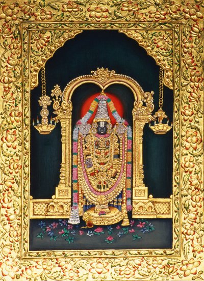 Gud Tirupati Balaji i miniatyr av pesende trykk på papir med gullpreging av School Indian