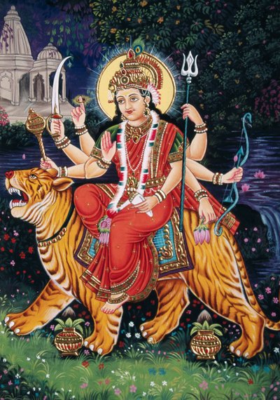 Gudinne Durga miniatyrmaleri på papir med broderi av School Indian