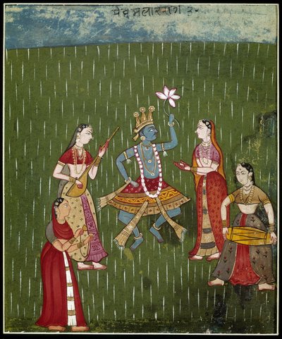 Gudinnen krishna danser i regnet med musikere (miniatyr) av School Indian