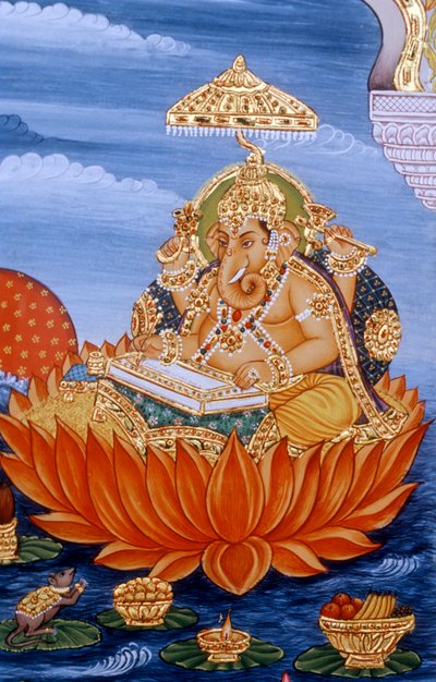 Lord Ganesh Ganpati miniatyrmaleri skriver Skriften av School Indian