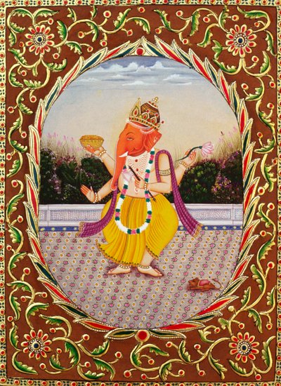 Lord Ganesha Ganpati miniatyrmaleri på papir med broderi av School Indian