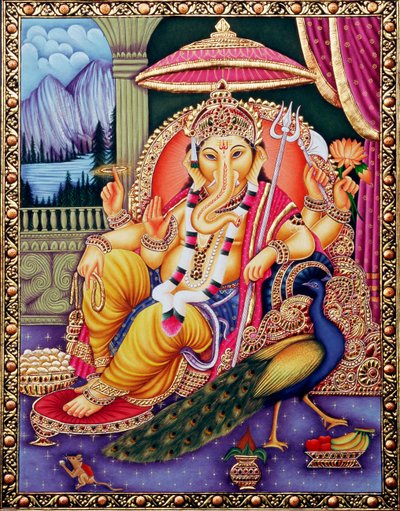 Lord Ganesha Ganpati i miniatyrmaleri på papir av School Indian
