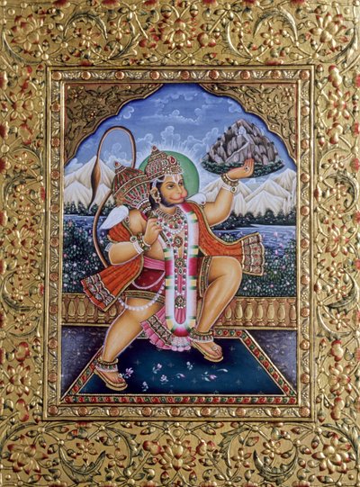 Lord Hanuman miniatyrmaleri på papir med gullbroderi av School Indian