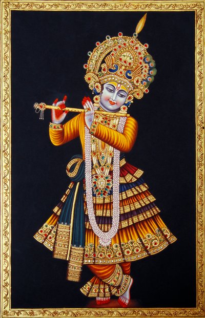 Lord Krishna spiller fløyte-miniatyrmaleri på papir av School Indian