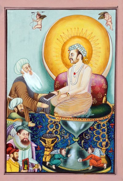 Miniatyrmaleri av Abul Fazl som presenterer Akbar-navnet til Mughal-keiseren Akbar av School Indian