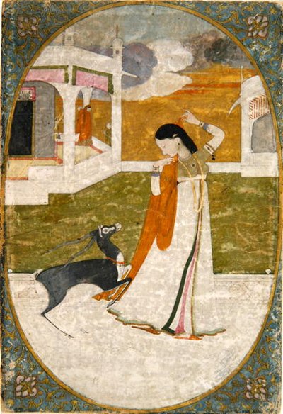 Nayika med hjort, Punjab Hills (ugjennomsiktig akvarell på papir) av School Indian