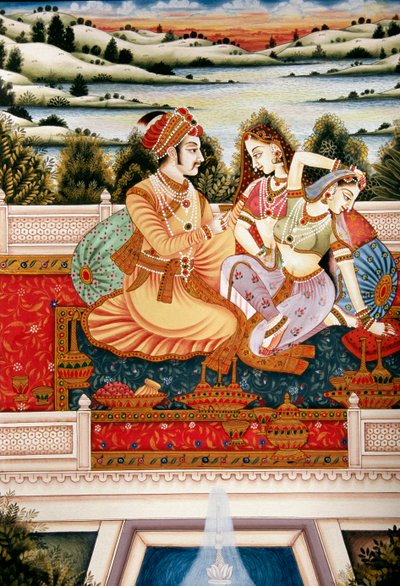 Maleri av Mughal Emperor with his Wives in Love Scene, India av School Indian