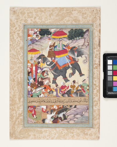 Prins som rir på en elefant i spissen for hæren sin (penselblekk, bladgull og gouache på papir) av School Indian