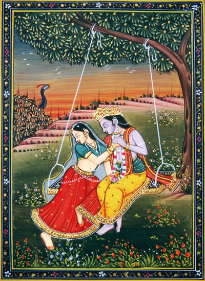 Radha Krishna nyter Jhoola miniatyrmaleri på papir av School Indian