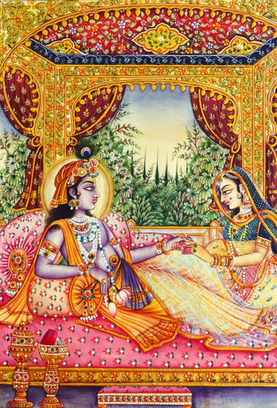 Radha Krishna miniatyrmaleri på elfenben av School Indian