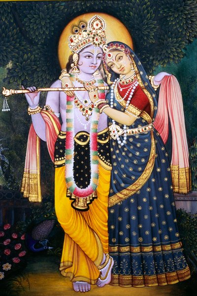 Radha Krishna miniatyrmaleri på papir av School Indian