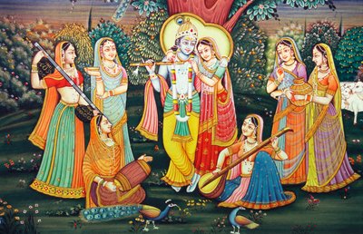 Radha Krishna med Sakhis nyter musikk av School Indian