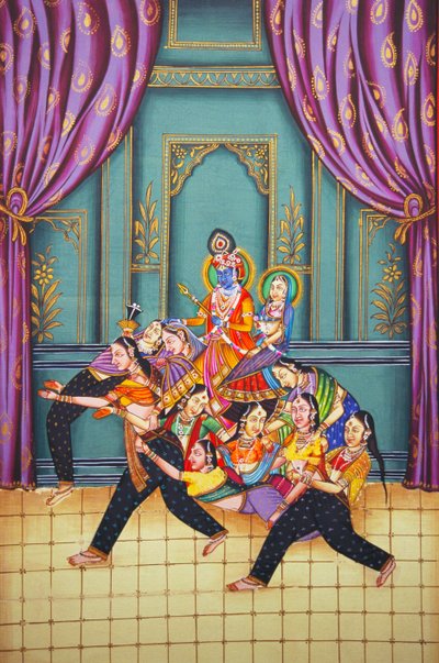 Radha Krishna med Sakhis miniatyrmaleri på papir av School Indian
