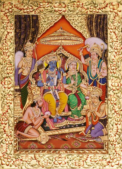 Ram Darbar i miniatyrmaleri på papir med gylden preging av School Indian