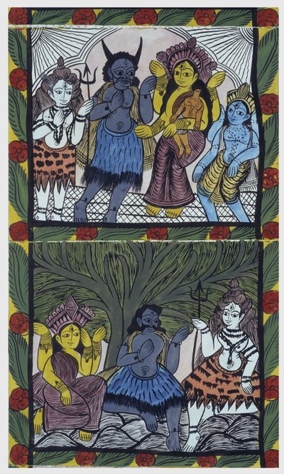 Shiva gir liv til Ganesha (Ganesh eller Ganapati), i armene til moren Parvati, etter å ha kuttet hodet til en arm av sinne. Pat: malt rull fra Bengal-regionen, som fungerer som et narrativt medium for musikere Baoul (eller baul). Leonard de Selva specia av School Indian