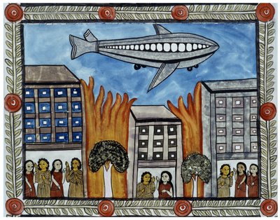 Historien om angrepene 11. september 2001 fortalt av kjøpmennene Baul fra Bengal. Maleri, serie, nummer 6/9, Bengal. av School Indian