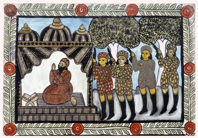 Historien om angrepene 11. september 2001 fortalt av kjøpmennene Baul fra Bengal. Maleri, serie, nummer 1/9, Bengal. av School Indian