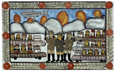 Historien om angrepene 11. september 2001 fortalt av kjøpmennene Baul fra Bengal. Maleri, serie, nummer 8/9, Bengal. av School Indian