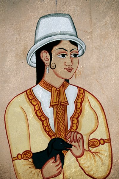 Veggmaleri av britisk dame med valp, Jaipur, Rajasthan, India av School Indian