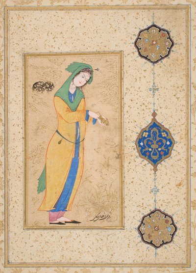 Houri står i en hage (ugjennomsiktig akvarell på papir) av School Iranian