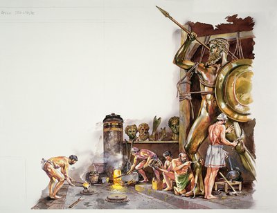 Antikkens Athen - rekonstruksjon av et bronseskulpturverksted (farge litho) av School Italian