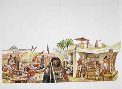 Gamle Theben - rekonstruksjon av en fjerdedel av Deir el-Medina (farge litho) av School Italian