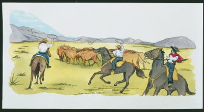Argentina - gauchos samler storfe i Pampas (farge litho) av School Italian