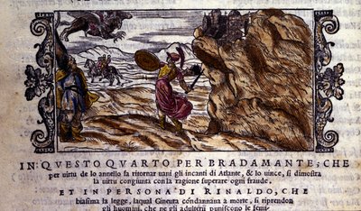 Bradamante river Brunel i stykker den fortryllende ringen sin, takket være at hun forringer kraften til Atlante og leverer Roger (Ruggero, Ruggiero), scene for ridderdiktet til "Orlando Furioso" (The Furious Roland) av Ludovico Ariosto (1474 - 1533) dit L  av School Italian