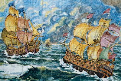 Keramisk panel som viser to seilskip, Vietri sul Mare-produksjon, Campania, Italia, Detalj av School Italian